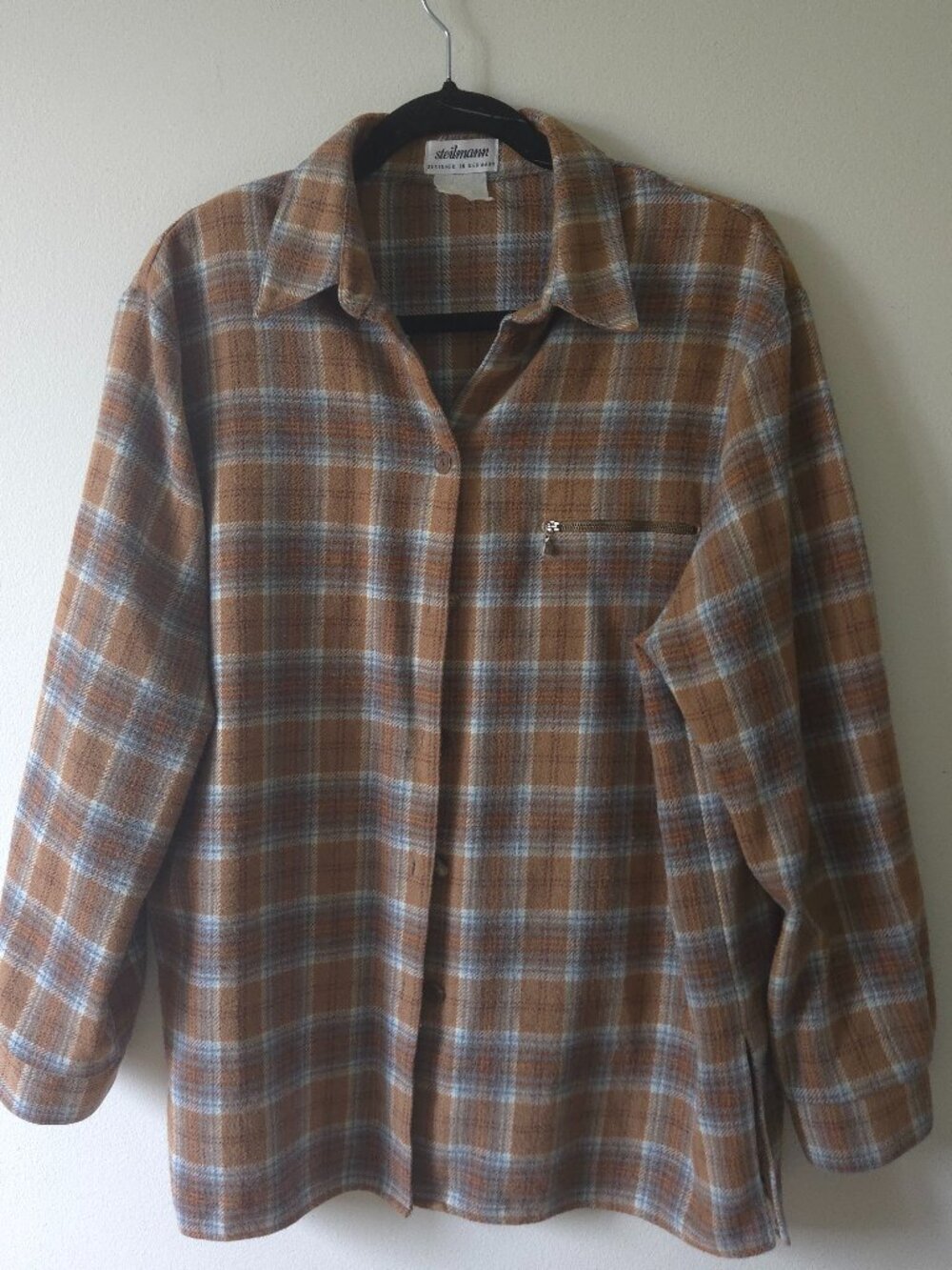 Vintage Steilmann Brown Light Blue Plaid Wool Blend Shacket Shirt Jacket L XL